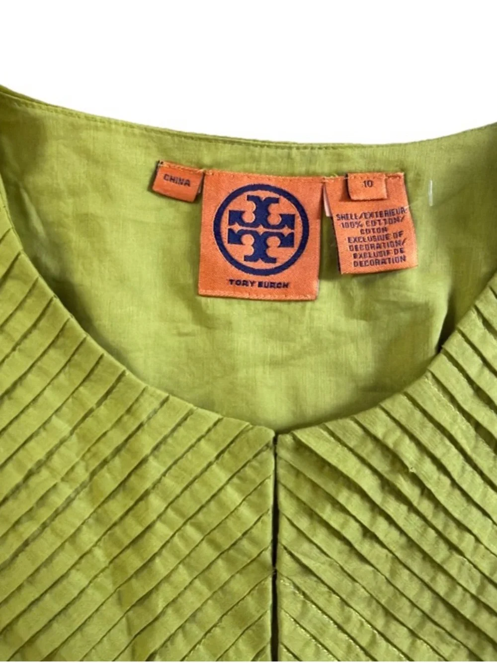 Tory Burch Lime Green Sunburst Pintuck Pleat Blouse Top Cotton Women's US 10